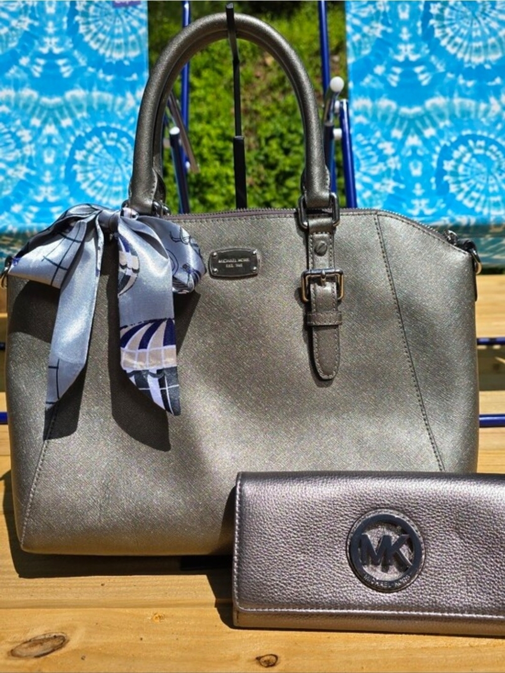 Michael Kors Metallic Silver Saffiano Satchel with Matching Wallet